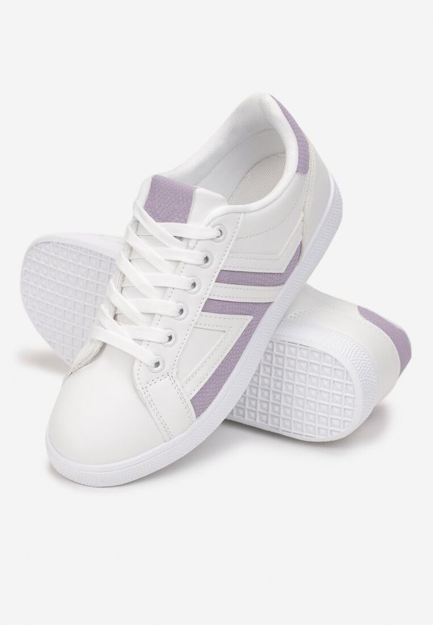 Renee - Biało-Fioletowe Sznurowane Sneakersy na Płaskiej Podeszwie z Kolorowymi Wstawkami Karera. Okazja: na co dzień. Kolor: biały. Wzór: kolorowy. Obcas: na płaskiej podeszwie