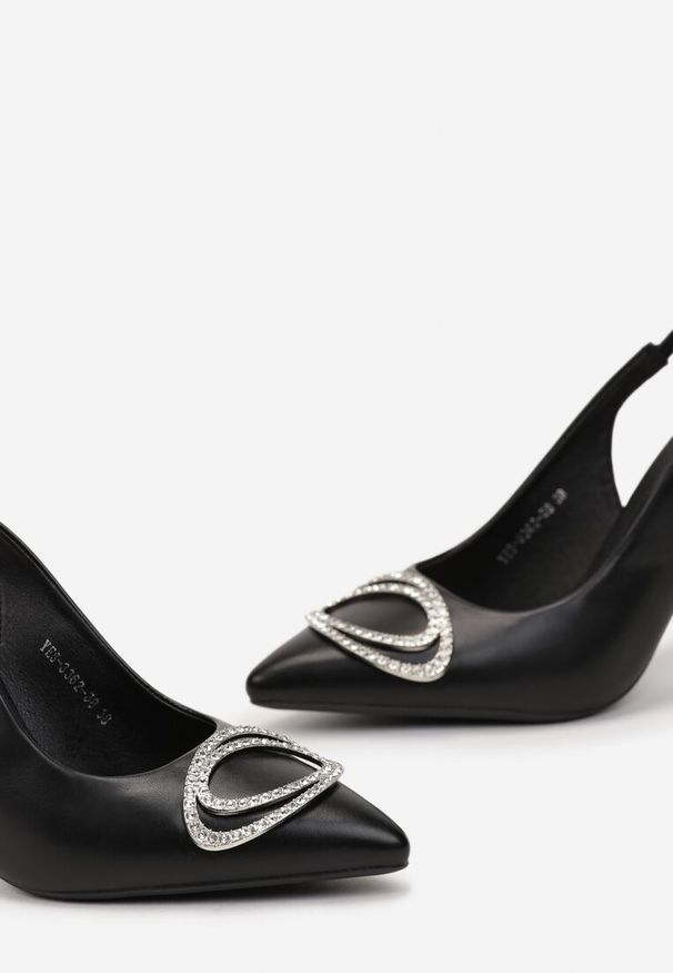 Renee - Czarne Sandały na Szpilce z Otwartą Piętą i Ozdobą w Cyrkonie Aignella. Nosek buta: otwarty. Kolor: czarny. Wzór: aplikacja. Obcas: na szpilce. Styl: elegancki