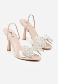Renee - Beżowe Transparentne Sandały na Klepsydrowej Szpilce z Kokardą i Cyrkoniami Feralia. Okazja: na imprezę. Kolor: beżowy. Materiał: jeans. Sezon: wiosna. Styl: elegancki #5