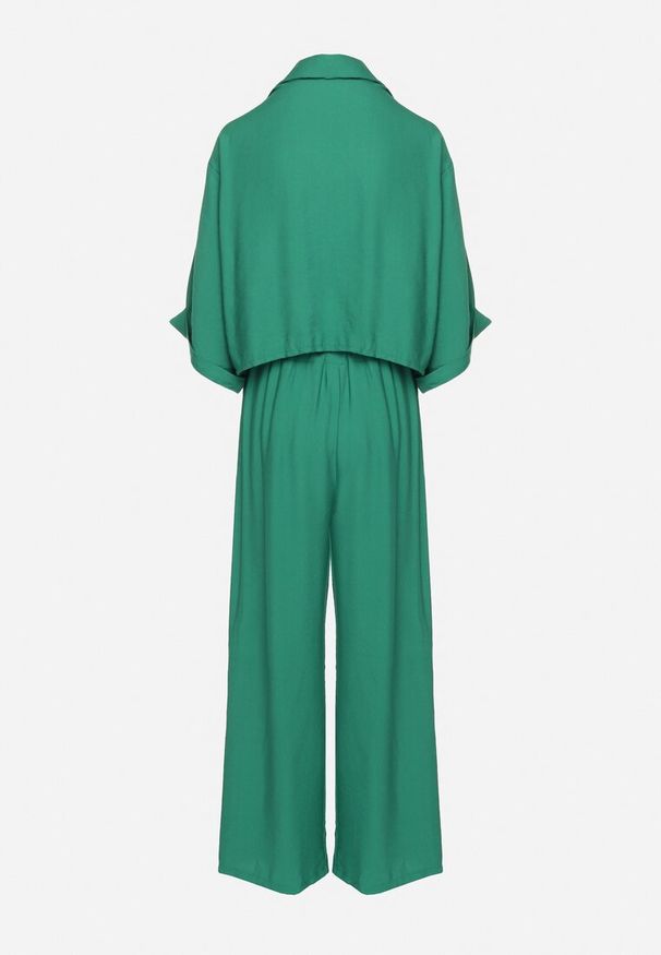 Born2be - Zielony Komplet Dwuczęściowy z Wiskozy Koszula z Guzikami Spodnie z Gumką w Talii Vimarenes. Kolor: zielony. Materiał: wiskoza