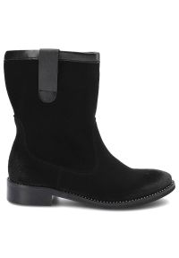 Czarne Botki Dwunasty Shoes Damskie Stylowe Buty. Okazja: na co dzień. Kolor: czarny. Materiał: zamsz, skóra. Szerokość cholewki: normalna. Obcas: na obcasie. Styl: elegancki. Wysokość obcasa: niski
