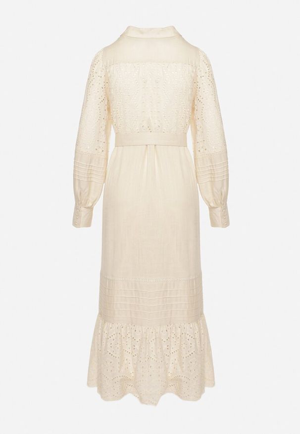 Born2be - Beżowa Koszulowa Sukienka z Lnu i Wiskozy z Paskiem w Komplecie z Ażurowym Zdobiebiem Eleces. Okazja: na co dzień, na imprezę. Kolor: beżowy. Materiał: wiskoza, len. Długość rękawa: długi rękaw. Wzór: ażurowy. Typ sukienki: koszulowe. Styl: casual, elegancki