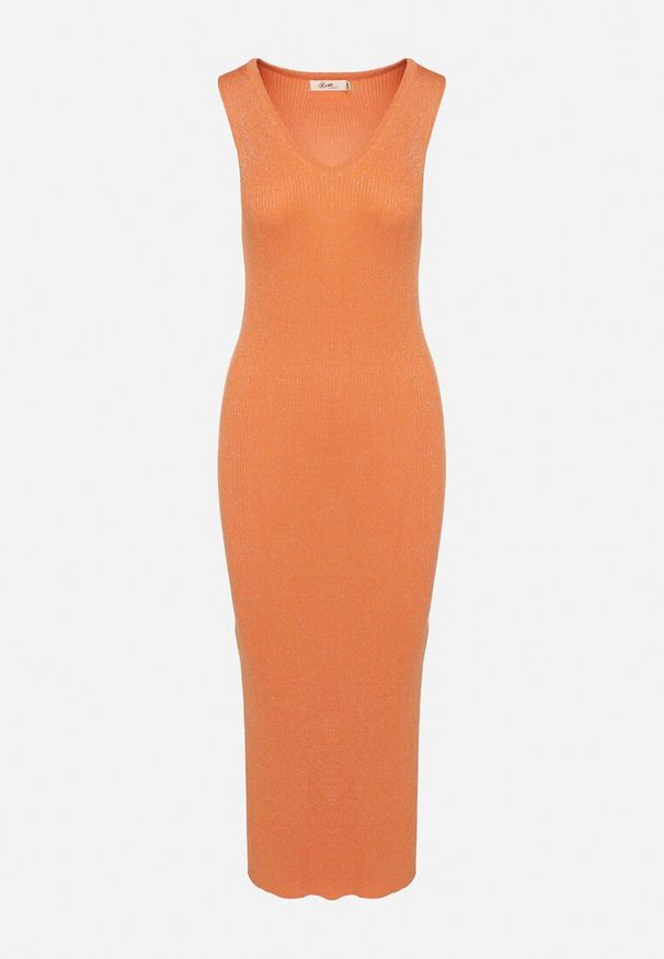 Born2be - Pomarańczowa Sukienka Bodycon z Prążkowanej Lekkiej Dzianiny z Metaliczną Nitką Ithiles. Kolor: pomarańczowy. Materiał: dzianina, prążkowany. Typ sukienki: bodycon. Styl: elegancki