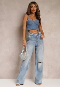 Renee - Niebieski Top Jeansowy z Odpinanymi Ramiączkami i Ozdobnym Dekoltem Thelocia. Kolor: niebieski. Materiał: jeans. Długość rękawa: na ramiączkach #5