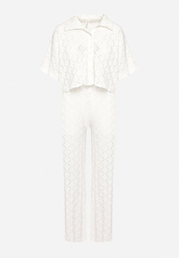 Born2be - Biały Komplet Ażurowy Krótka Koszula Zapinana na Guziki Spodnie z Gumką w Talii Rivasheas. Kolor: biały. Wzór: ażurowy