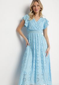 Born2be - Niebieska Ażurowa Sukienka z Kopertowym Dekoltem i Bufiastymi Rękawami Ldivane. Okazja: na imprezę, na co dzień. Kolor: niebieski. Wzór: ażurowy. Sezon: lato. Typ sukienki: kopertowe. Styl: casual #4