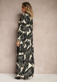 Renee - Czarna Rozkloszowana Sukienka z Wiskozy z Motywem Liści Wilvesia. Okazja: na co dzień. Typ kołnierza: dekolt w serek. Kolor: czarny. Materiał: wiskoza. Styl: klasyczny, elegancki, casual