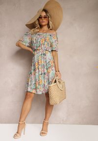 Renee - Niebiesko-Pomarańczowa Sukienka z Bawełny w Kwiatowy Print Dimizama. Okazja: na co dzień. Kolor: niebieski. Materiał: bawełna. Długość rękawa: krótki rękaw. Wzór: kwiaty, nadruk. Sezon: lato. Typ sukienki: proste. Styl: elegancki, casual