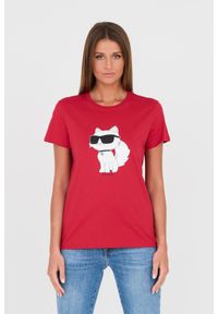 Karl Lagerfeld - KARL LAGERFELD Czerwony damski t-shirt z kotem, Rozmiar M. Kolor: czerwony