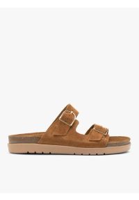 Ryłko - Rude klapki damskie. Okazja: na co dzień. Kolor: brązowy. Materiał: skóra, welur. Sezon: lato. Styl: casual, elegancki, street, wakacyjny #1