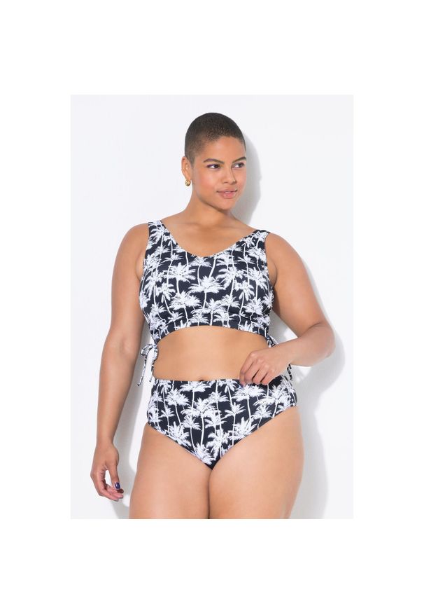 ULLA POPKEN - Damski Top od bikini miękkie miseczki nadruk z motywem palm marszczone tasiemki. Kolekcja: plus size. Kolor: czarny. Materiał: poliester, elastan, poliamid, materiał. Wzór: nadruk