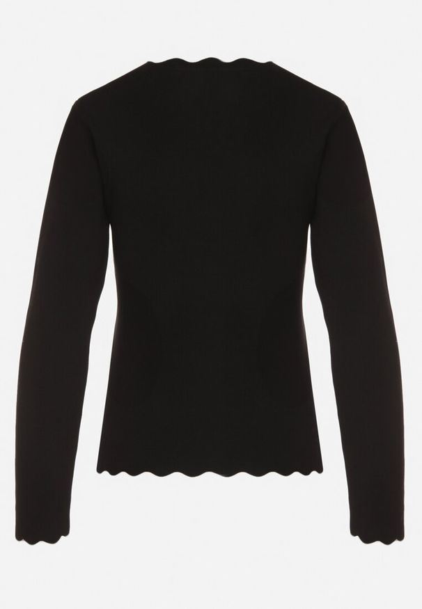 Born2be - Czarny Sweter z Wiskozą Ozdobiony Falbankami Mevita. Typ kołnierza: kołnierz z falbankami. Kolor: czarny. Materiał: wiskoza. Wzór: aplikacja. Styl: klasyczny, elegancki