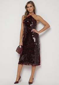 Born2be - Bordowa Asymetryczna Sukienka Bogato Zdobiona Cekinami z Wiązaniem na Plecach Lericie. Kolor: czerwony. Wzór: aplikacja. Typ sukienki: asymetryczne #2