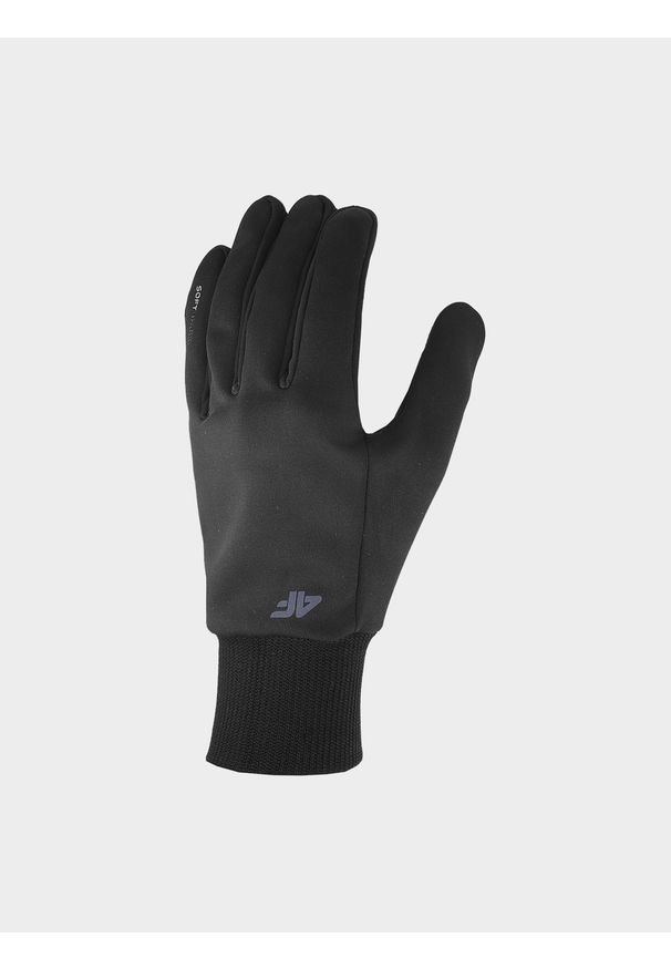 4f - Rękawiczki softshellowe Touch Screen uniseks - czarne. Kolor: czarny. Materiał: elastan, syntetyk, softshell, materiał. Technologia: Windstopper. Wzór: jednolity. Sezon: zima. Sport: turystyka piesza, narciarstwo