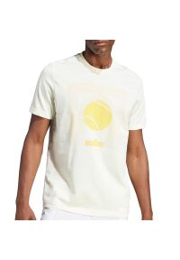 Adidas - Koszulka adidas Aeroready Tennis ARC De Ball IS2414 - biała. Kolor: biały. Materiał: bawełna, poliester. Długość rękawa: krótki rękaw. Długość: krótkie. Wzór: aplikacja. Sport: tenis