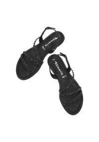 Czarne Sandały Tamaris Eleganckie Buty Damskie. Okazja: na co dzień. Zapięcie: pasek. Kolor: czarny. Materiał: jeans, skóra ekologiczna. Wzór: paski, aplikacja. Sezon: lato. Obcas: na płaskiej podeszwie. Styl: elegancki #3
