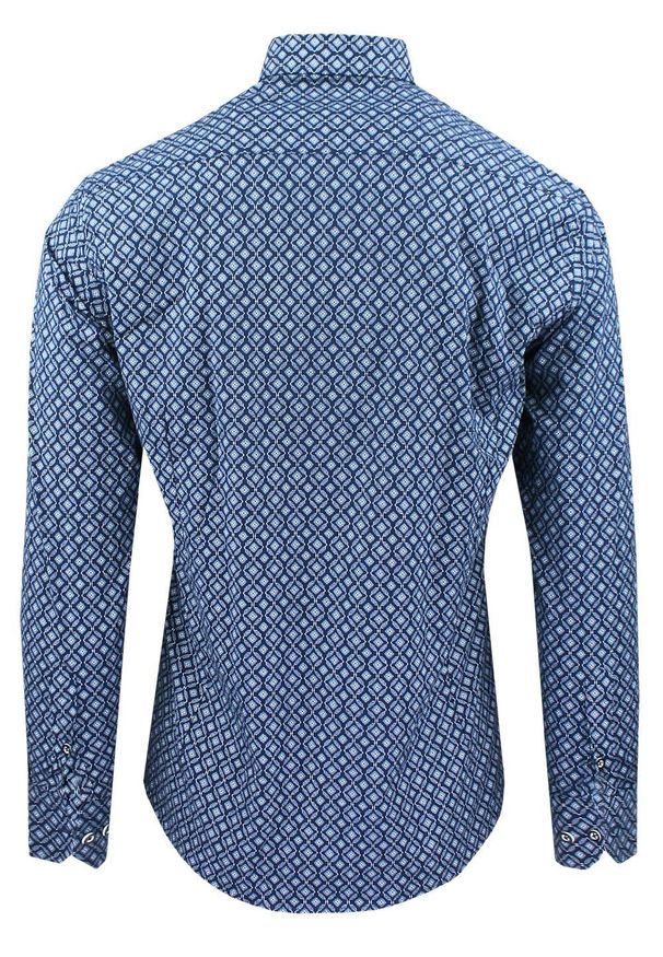 Męska Koszula, Taliowana (Slim Fit) - Rigon - Ciemnoniebieska, Wzór. Okazja: do pracy, na spotkanie biznesowe. Kolor: niebieski. Materiał: bawełna, poliester, elastan. Długość rękawa: długi rękaw. Długość: długie. Styl: wizytowy, elegancki, biznesowy