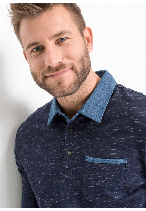 bonprix - Shirt polo z kołnierzykiem z tkaniny, długi rękaw. Typ kołnierza: polo. Kolor: niebieski. Materiał: tkanina. Długość rękawa: długi rękaw. Długość: długie