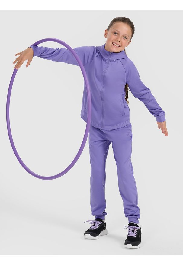 4f - 4F Bluza sportowa rozpinana z kapturem dziewczęca - fioletowa 158/164 (12-14 lat). Okazja: na co dzień. Typ kołnierza: kaptur. Kolor: fioletowy. Materiał: dzianina, skóra. Sezon: lato. Styl: sportowy