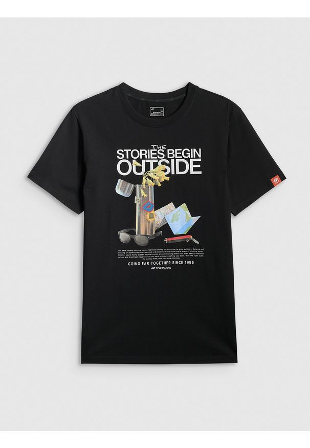 4f - 4F T-shirt regular z nadrukiem męski - czarny L. Okazja: na co dzień. Kolor: czarny. Materiał: dzianina, bawełna, materiał. Wzór: nadruk. Styl: casual, klasyczny