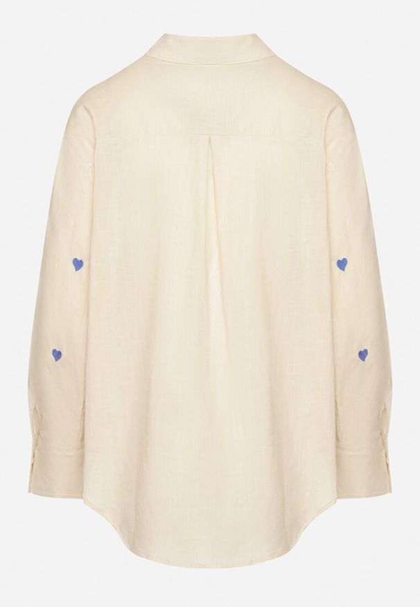 Born2be - Beżowa Koszula z Bawełny Ozdobiona Sercami Aslotis. Okazja: na co dzień. Typ kołnierza: kołnierzyk klasyczny. Kolor: beżowy. Materiał: bawełna. Długość: długie. Wzór: aplikacja. Styl: casual, klasyczny