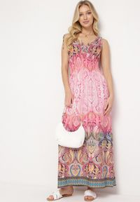Born2be - Jasnoróżowa Sukienka Boho na Lato ze Sznurkami na Ramionach i Gumką w Talii Aharleta. Kolor: różowy. Sezon: lato. Styl: boho
