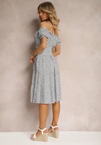 Renee - Biało-Granatowa Kwiecista Sukienka z Bawełny z Gumkami w Pasie Herata. Kolor: biały. Materiał: bawełna. Sezon: wiosna #4