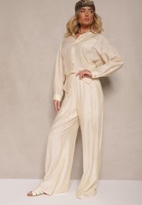 Renee - Jasnobeżowe Spodnie Palazzo High Waist z Szeroką Nogawką i Gumką w Talii Jenarielis. Okazja: na co dzień. Stan: podwyższony. Kolor: beżowy. Styl: casual