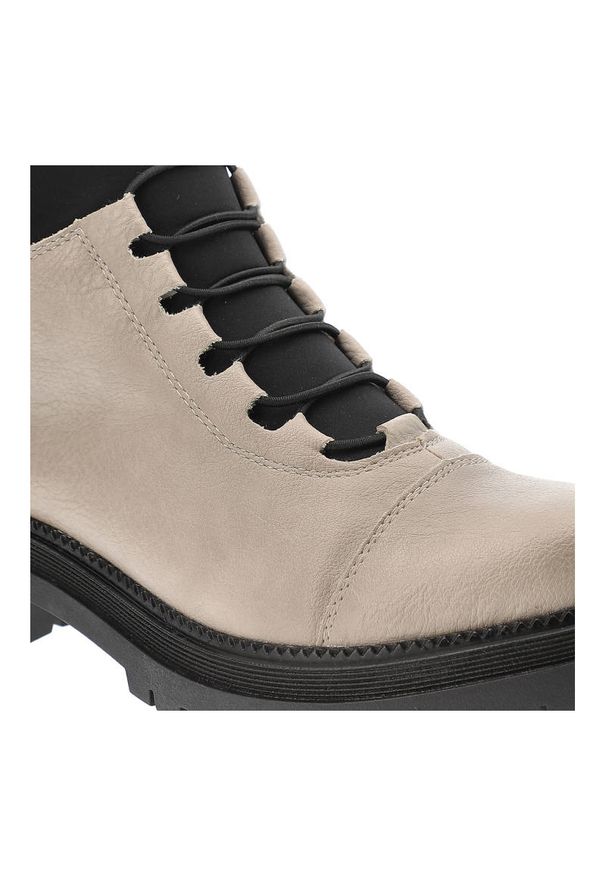 Beżowe Botki Rieker Skórzane Ocieplane Buty Damskie. Okazja: na co dzień. Kolor: beżowy. Materiał: skóra. Obcas: na obcasie. Styl: casual, elegancki. Wysokość obcasa: średni