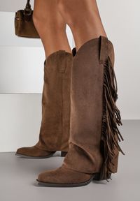 Renee - Brązowe Kozaki Kowbojki na Stożku z Cholewką Imitującą Nogawkę z Frędzlami Monettea. Kolor: brązowy. Materiał: jeans. Szerokość cholewki: normalna. Obcas: na stożku #4