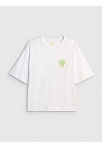 4f - 4F T-shirt boxy z nadrukiem damski - biały XS. Okazja: na co dzień. Kolor: biały. Materiał: dzianina, bawełna, materiał. Wzór: nadruk. Styl: casual #1