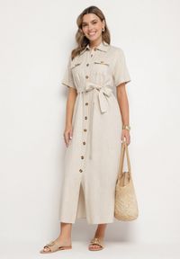 Born2be - Beżowa Sukienka Koszulowa z Materiałowym Paskiem z Lnu i Wiskozy Werilene. Okazja: na co dzień. Typ kołnierza: kołnierzyk klasyczny. Kolor: beżowy. Materiał: len, wiskoza, materiał. Sezon: lato. Typ sukienki: koszulowe. Styl: klasyczny, casual #3
