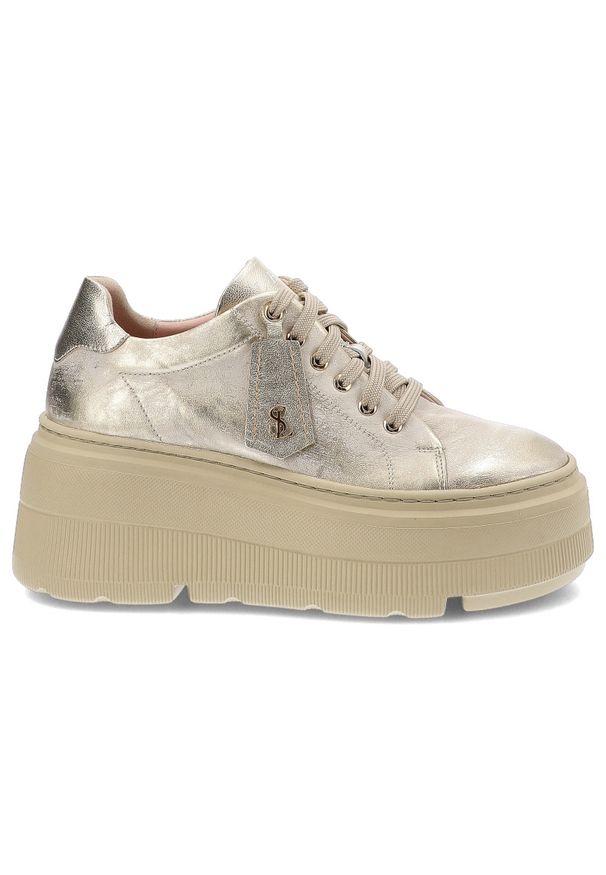 Złote Sneakersy Libero Modne Obuwie Damskie. Okazja: na co dzień, na spacer. Zapięcie: sznurówki. Kolor: złoty. Materiał: guma, jeans, skóra. Styl: elegancki, casual