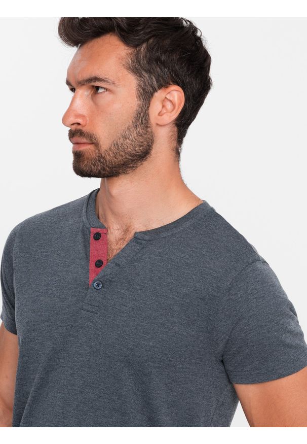 Ombre Clothing - T-shirt męski z rozpinanym okrągłym dekoltem henley – granatowy V5 - Rozmiar: L. Okazja: na co dzień. Typ kołnierza: typu henley. Kolor: niebieski. Materiał: poliester, bawełna. Styl: casual