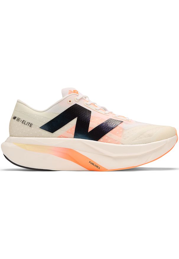 Buty męskie New Balance FuelCell SC Elite V4 MRCELCW4 – beżowe. Kolor: beżowy. Materiał: guma, syntetyk, włókno, materiał. Szerokość cholewki: normalna. Sport: fitness, bieganie