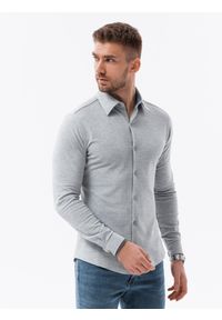 Ombre Clothing - Koszula męska dzianinowa z długim rękawem - szara V5 - Rozmiar: XXL. Kolor: szary. Materiał: dzianina. Długość rękawa: długi rękaw. Długość: długie. Wzór: kropki