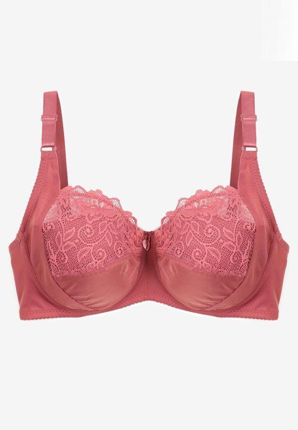 Renee - Różowy Koronkowy Biustonosz Full Cup na Ramiączkach z Regulacją Irevia. Kolor: różowy. Materiał: koronka. Wzór: jednolity
