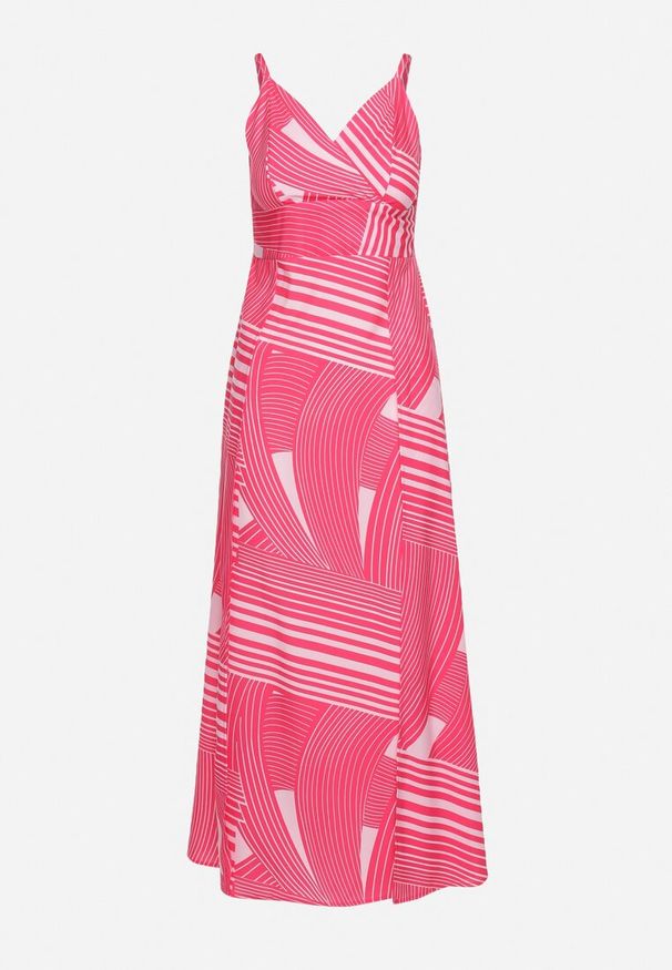 Born2be - Fuksjowa Sukienka z Kopertowym Dekoltem na Regulowanych Ramiączkach z Rozcięciami Jatila. Okazja: na co dzień. Typ kołnierza: dekolt kopertowy. Kolor: różowy. Długość rękawa: na ramiączkach. Typ sukienki: kopertowe. Styl: casual