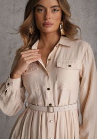 Renee - Beżowa Sukienka Rozkloszowana z Wiskozy o Koszulowym Kroju z Paskiem Anteis. Kolor: beżowy. Materiał: wiskoza. Wzór: aplikacja. Typ sukienki: koszulowe. Styl: elegancki #5