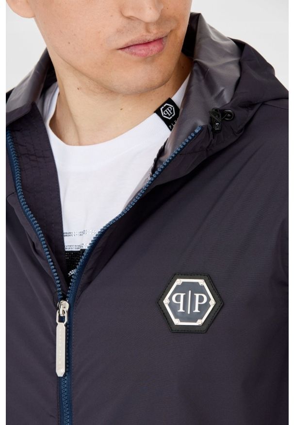 Philipp Plein - PHILIPP PLEIN Męska kurtka wiatrówka granatowa, Rozmiar XXL. Typ kołnierza: kaptur. Kolor: niebieski