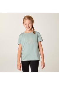 DOMYOS - Koszulka z krótkim rękawem dziecięca Domyos 500. Kolor: zielony. Materiał: bawełna, poliester, elastan, materiał, lyocell. Długość rękawa: krótki rękaw. Długość: krótkie #1