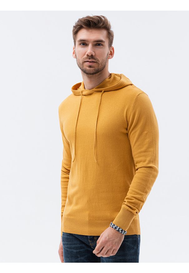 Ombre Clothing - Sweter męski z kapturem - musztardowy V4. Typ kołnierza: kaptur. Kolor: żółty. Materiał: nylon, bawełna