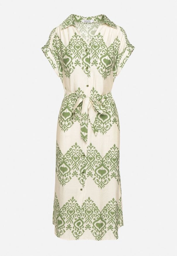 Born2be - Zielono-Beżowa Taliowana Sukienka Boho z Wiskozą Wiązana w Talii Paskiem Losofia. Okazja: na co dzień. Typ kołnierza: dekolt w kształcie V. Kolor: zielony. Materiał: wiskoza. Długość rękawa: krótki rękaw. Wzór: aplikacja. Sezon: lato. Styl: boho