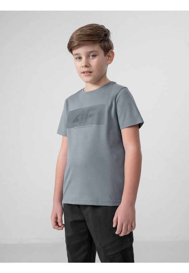 4f - T-shirt z nadrukiem chłopięcy. Kolor: niebieski. Materiał: dzianina, bawełna. Wzór: nadruk