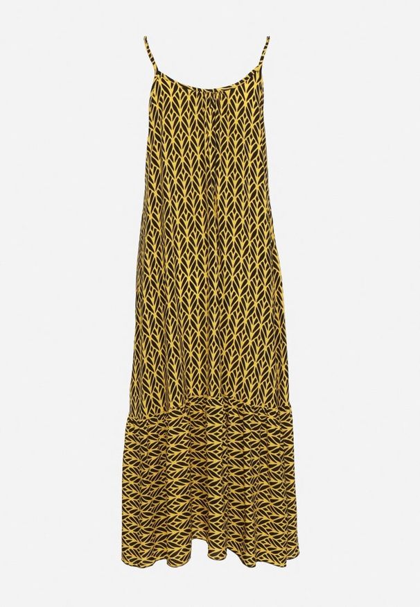 Born2be - Żółta Bawełniana Sukienka Rozkloszowana z Geometrycznym Wzorem Niladora. Okazja: na co dzień. Kolor: żółty. Materiał: bawełna. Długość rękawa: na ramiączkach. Wzór: geometria. Sezon: lato. Styl: casual