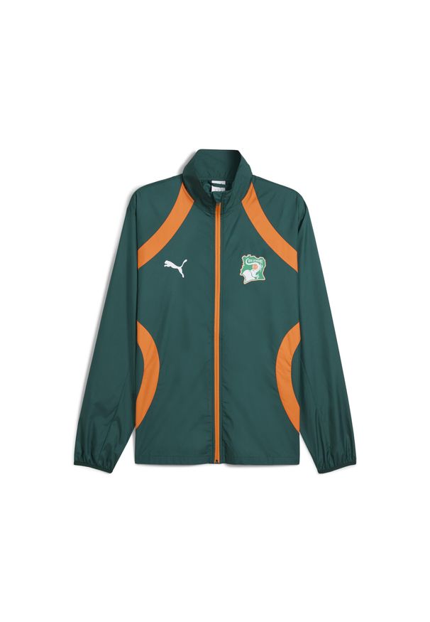Puma - Męska kurtka przedmeczowa Wybrzeża Kości Słoniowej 2025 z tkaniny PUMA. Kolor: pomarańczowy, żółty, wielokolorowy, zielony. Materiał: tkanina. Wzór: nadruk. Sport: piłka nożna