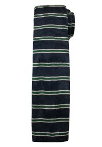 Alties - Casualowy, Dziergany Krawat Męski Knit - Granat z Zielonym Motywem. Okazja: na co dzień. Kolor: niebieski. Materiał: dziergany. Wzór: prążki, paski. Styl: casual #1