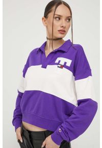 Tommy Jeans bluza damska kolor fioletowy wzorzysta. Kolor: fioletowy. Materiał: bawełna, dzianina. Długość rękawa: długi rękaw. Długość: długie #1