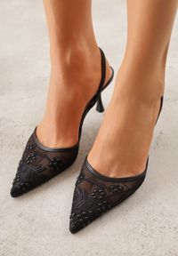 Renee - Czarne Transparentne Sandały na Szpilce Ozdobione Koronką Thetune. Okazja: na randkę. Kolor: czarny. Materiał: koronka. Wzór: aplikacja, koronka. Obcas: na szpilce #2