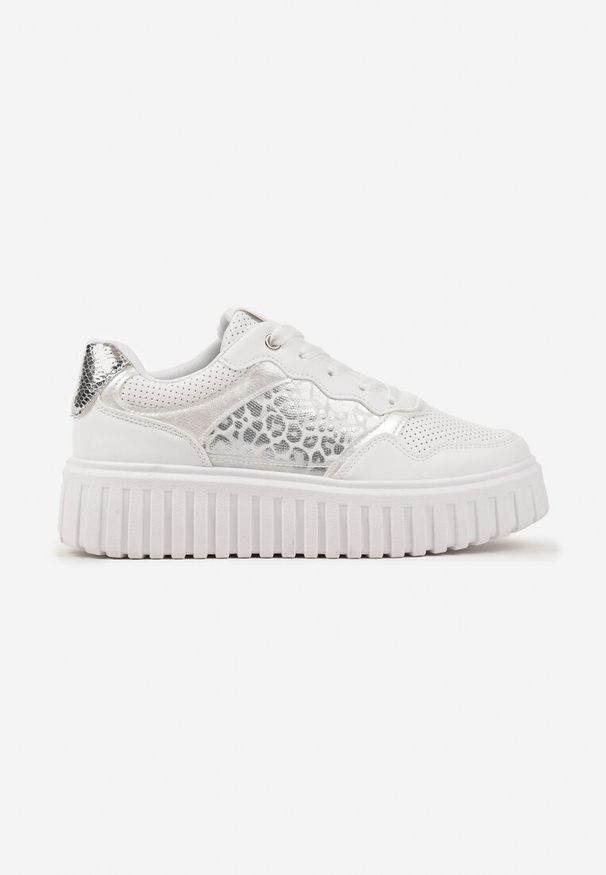 Renee - Białe Sneakersy na Platformie z Tłoczeniami Zdobione Panterkowym Printem Herraza. Kolor: biały. Materiał: jeans. Wzór: aplikacja, nadruk. Obcas: na platformie